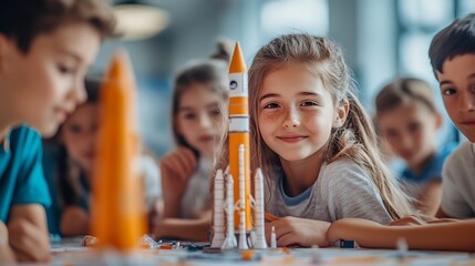 Aufkleber - Elementary School Students Sitting Behind a Table in a Group Building a Space Rocket Model for a Science and Technology Fair Young Boys and Girls Wish to Become Engineers and Space Exp : Generative AI