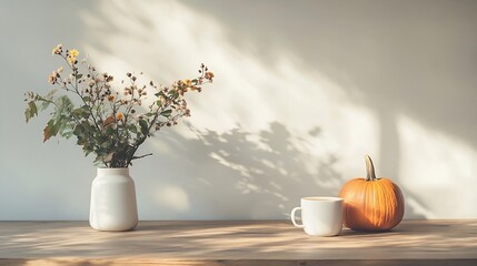 Aufkleber - Beautiful Scandinavian interior Green tree branches flowers in vase on wooden desk table Cup of coffee pumpkins Empty wall mockup background elegant indoor summer or Thanksgiving decor : Generative AI
