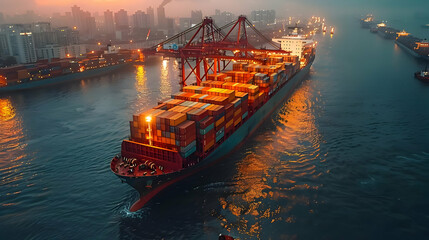 Container Ship at Sunset, Aerial View - Photo