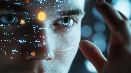 Poster - Chat with AI or Artificial Intelligence technology Man touching chatting virtual with an intelligent artificial intelligence asks for answers he wants Smart assistant futuristic Chatbo : Generative AI