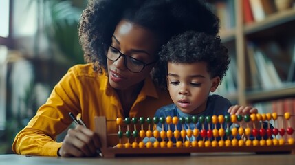Poster - Black female teacher and little boy sitting at desk doing math using abacus early education concept : Generative AI
