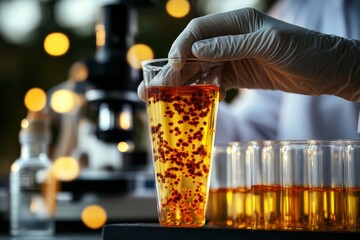 gloved hand holding a test tube with orange liquid in a modern laboratory symbolizing the precise an