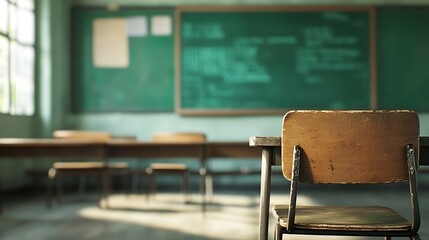 Blur background of interior design of empty classroom with blackboard Empty classroom with desk chair and blackboard at school No people Cartoon style Education concept Back to school  : Generative AI