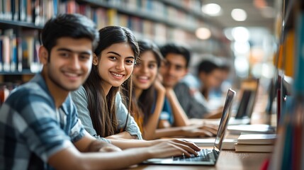Aufkleber - Students group and happy in library for education learning and reading test results or news on computer Young college people on laptop for solution research or studying with support he : Generative AI