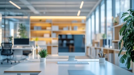 Poster - Interior of light office with modern workplaces and shelf units : Generative AI