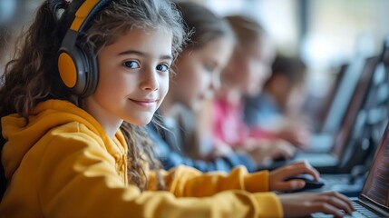 Aufkleber - Group of TechSavvy Primary School Children Working on Their Laptop and Tablet Computers in Class Young Female Teacher Educating Kids on Internet Safety Basic Programming Languages and  : Generative AI