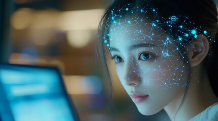Poster - Education technology and AI Artificial Intelligence concept Women use laptops Learn lessons and online webinars successfully in modern digital learning  Courses to develop new skills : Generative AI