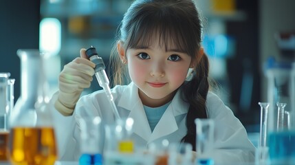 Fototapete - Happy young scientist kid girl in lab coats using lab equipment for study in school laboratory Asian female teacher teaching schoolgirl child to do science experiments Kid learning sci : Generative AI