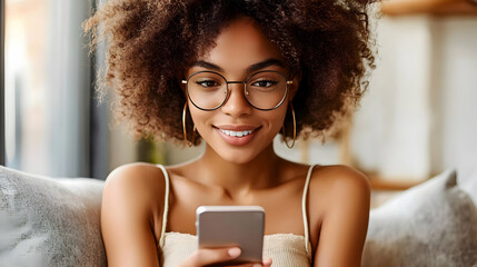 Smiling woman with curly hair looking at her phone while sitting on a couch.