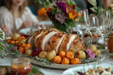 An autumn-themed family dinner table, a Quick Thanksgiving meal sliced roasted chicken on the central platter with potatoes and vegetables on a harvest table dressings