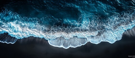 Wall Mural - Aerial View of Clear Sea Waves Crashing on Dark Sand Beach