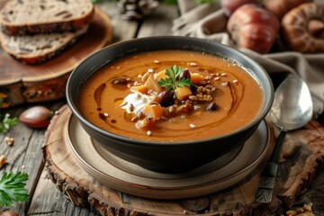 Canvas Print - Isolated menu item Vegetarian chestnut soup with black bread