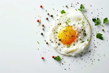 Sticker - Isolated top view of poached egg and pepper on white background