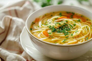 Poster - Italian capeletti soup in soft light with copy space