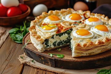 Poster - Italian Easter pie with puff pastry layers ricotta cheese spinach whole eggs on wooden table