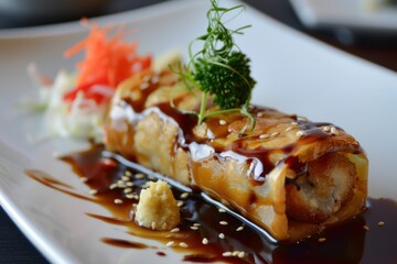 Poster - Japanese spring rolls called harumaki are served with soy sauce