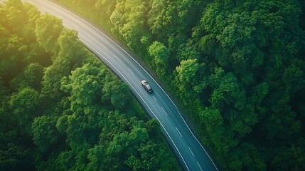 Poster - Aerial top view road in forest with car motion blur Winding road through the forest Car drive on the road between green forest Ecosystem ecology healthy environment road trip : Generative AI