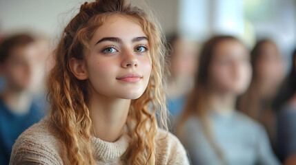 Young woman with curly blonde hair looking at the camera while sitting in a crowd.