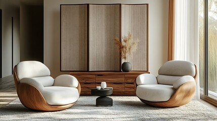 Wall Mural - Interior of stylish living room with folding screen chest of drawers armchairs and carpet : Generative AI