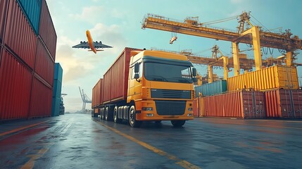 Poster - Container truck in ship port for business Logistics and transportation of Container Cargo ship and Cargo plane with working crane bridge in shipyard logistic import export and transpor : Generative AI