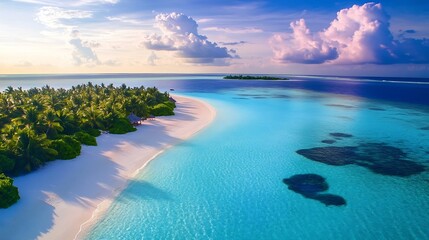 An aerial view of a  beautiful beach and crystalclear blue ocean water under the blue sky in the Maldives : Generative AI