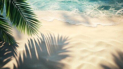 Poster - empty abstract sand beach with palm leaf shadow and transparent water wave from above blank background banner for travel vacation and wellbeing with copy space : Generative AI