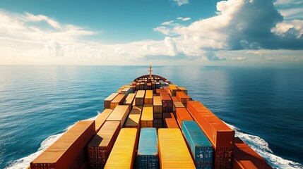 Poster - View on the containers loaded on deck of the large cargo ship She is sailing through calm blue ocean : Generative AI