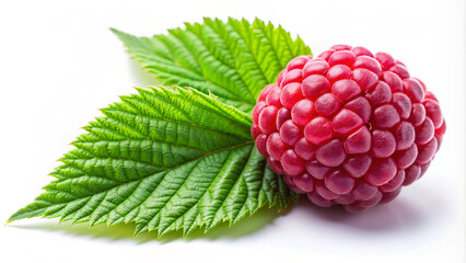 Wall Mural - A vibrant raspberry sits atop lush green leaves, showcasing its bright color and texture in a well-lit space