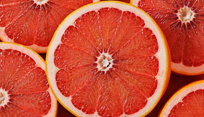 Wall Mural - Bright red grapefruit slices showcase their juicy segments, ready for a refreshing snack or garnish in a vibrant kitchen environment