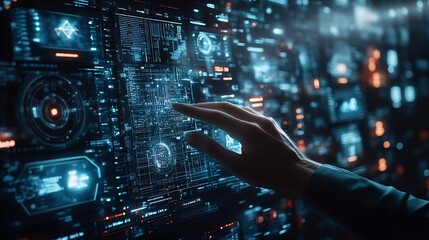 Fototapete - Ai Businessman working with modern interface Business analytics Big data technology and data science Data flow conceptBusiness computing digital composite : Generative AI