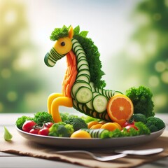 Wall Mural - a horse created from Vegetables, on a plate with blurred background