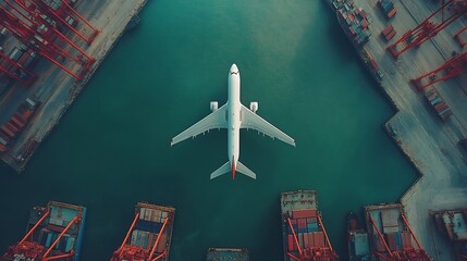 Poster - Aerial view and top view cargo plane flying above ship port in the export and import business and Smart logistics international goods Shipping cargo to harbor by crane : Generative AI