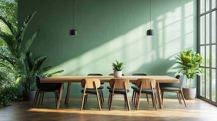 Wall Mural - Dining table with chairs near sage green wall indoors Interior design : Generative AI