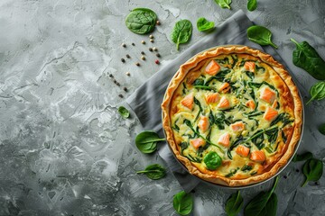 Canvas Print - Quiche with salmon spinach and soft cheese on grey stone background Overhead view Space for text