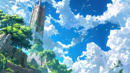 Fluffy white clouds drift in a bright blue sky beside a towering structure, with lush vegetation framing the serene and enchanting scene