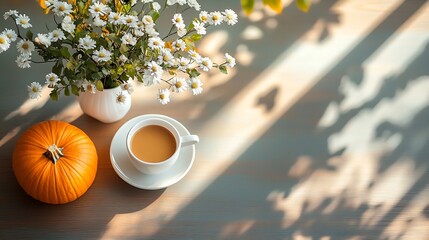 Aufkleber - Beautiful Scandinavian interior Green tree branches flowers in vase on wooden desk table Cup of coffee pumpkins Empty wall mockup background elegant indoor summer or Thanksgiving decor : Generative AI