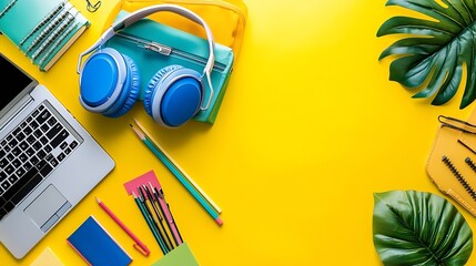 Poster - Back to school online education highcolored bright yellow background White laptop with school education supplies headphones pencil case and accessories top view flat lay copy space : Generative AI