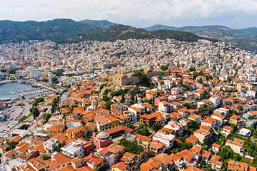 Wall Mural - Kavala, Greece. Kavala Fortress - Ruins of a 15th century castle with a round tower. Port. Aerial view