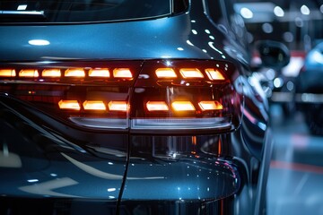 Poster - Rear view of new black luxury car with close up headlights