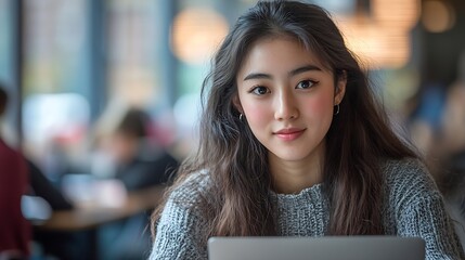 Aufkleber - Student laptop and portrait in classroom writing notes for college course test and campus work Female person university and happy for learning higher education and studying at academy : Generative AI