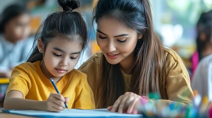 Aufkleber - Teacher helping girl in classroom for knowledge helping schoolgirl and teach her to draw Education concept : Generative AI