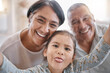 © peopleimages.com - Selfie, goofy and portrait of child with grandparents in home for memory, bonding or family time. Smile, love and face of girl kid with grandmother and grandfather for photography picture in house.