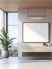 Sophisticated 3D Rendered Mockup of a Clean and Minimalist White Background Frame Placed in a Stylish Home Office Setting,Featuring a Floating Desk and Large Window with a Breathtaking Cityscape View