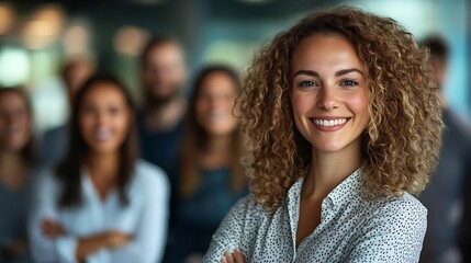 Fototapete - Arms crossed smile and portrait of employee group and creativity of writer female leader and startup Happy team and diversity in business face and people with confidence together and e : Generative AI
