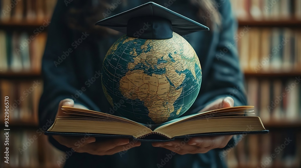 Education in Global Graduation cap on Businessman holding Earth globe ...