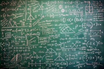 chalkboard full of math equations, green background, academic theme