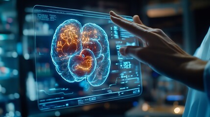 Fototapete - Medical worker holding hologram of a human body with human organs in concept of health Medical future technology and innovative conceptElevate healthcare with AI technology services : Generative AI