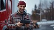 © The Little Hut - Smiling truck driver standing with tablet pc by truck : Generative AI