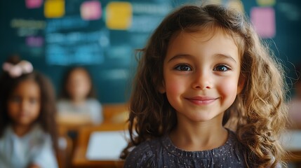 Aufkleber - Talented Small Girl Asking Teacher a Question in Class Portrait of a Happy Elementary School Student Studying Hard Learning New Things Getting Modern Education Together with Other Dive : Generative AI