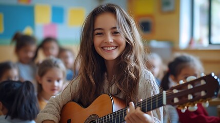 Poster - Caucasian young woman teacher playing guitar with students in school Adorable little children having fun enjoy education activity dance with instrument in classroom at preschool nurser : Generative AI
